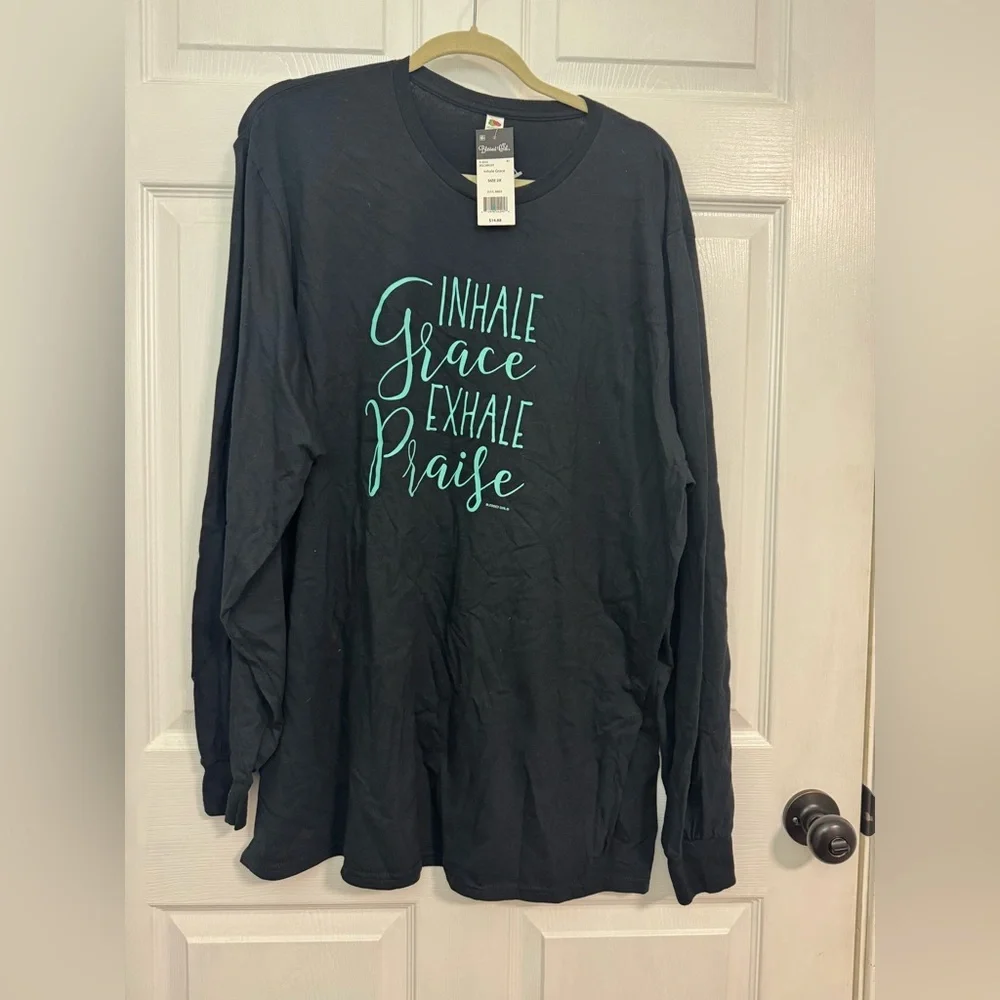 Inspirational Black Long Sleeve Tee with Teal Print - Picture 1 of 2